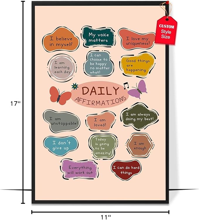 LOLUIS Mental Health Poster, Boho Therapy Tools Educational Supplies Art Print Classroom School Office Decor (Daily Affirmations, Custom Frame Type)