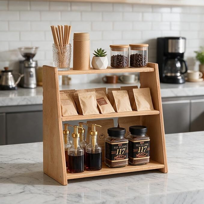 100% Solid Wood Coffee Bar Organizer, Countertop Organizer | 3 Tier Coffee Station Organizer, Water Proof Bathroom Counter Organizer, Display Shelf for Mug, Makeup, Trinket, perfume