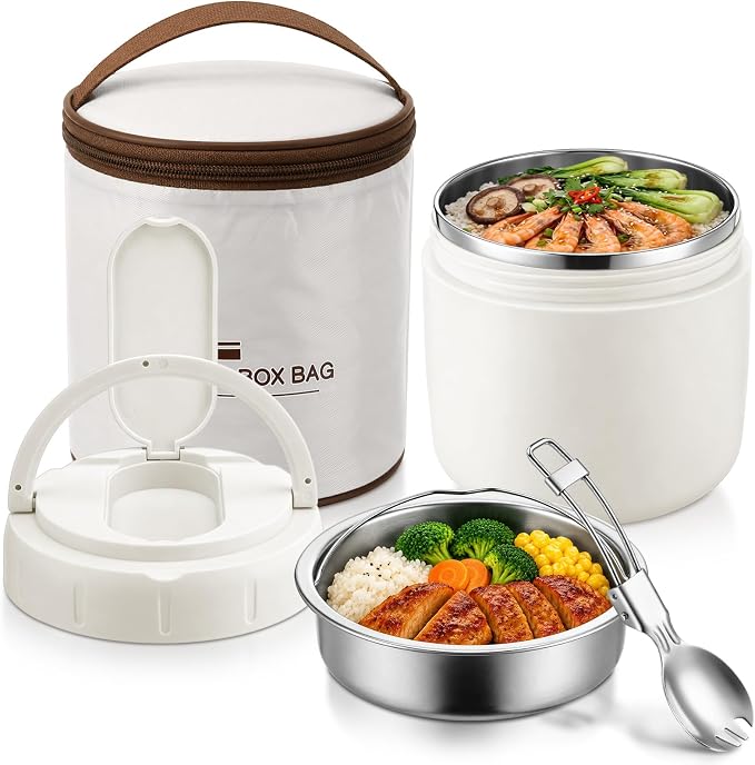 1 Pack 40 oz Insulated Food Jar with 2 Compartments, Stainless Steel Double Wall Vacuum Lunch Box Keep Hot & Cold, Leak-Proof Wide Mouth Soup Container with Spoon & Bag (White)