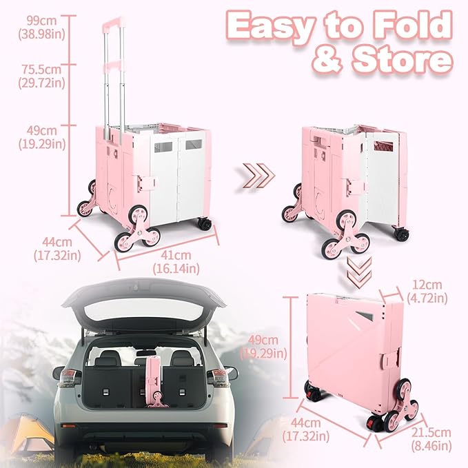 FELICON Folding Climber Utility Cart Rolling Crate Tote on Rotate Wheels with Adjustable Handle Hidden Lid Cup Holder Storage Bin for Teacher Office File Move Shop Travel Laundry Grocery(Pink White)