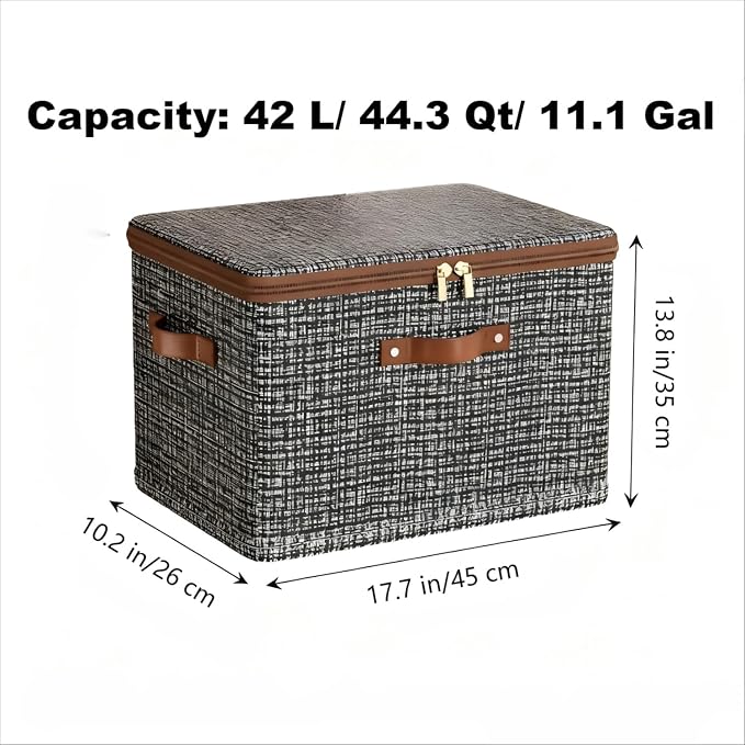4 Pack 44.3 Quart Fabric Storage Bins with Lid, 17.7x13.8x10.2 in Stackable Closet Organizer Baskets, Foldable Polyester Cube Storage with Handles, Decorative Organizer Boxes for Shelves, Grey