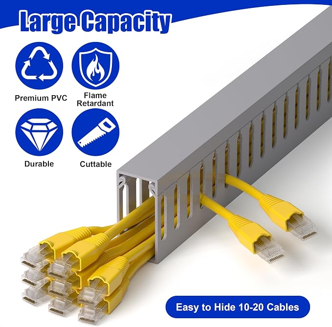 ZhiYo 2" H x 1" W Cable Management Raceway, 99in Under Desk Channel, Grey | Slotted Wire Duct, 6Pack, 16.5in Each, Heavy-Duty PVC Cable Management for Server Racks, Network Cables & Electrical Cabinets
