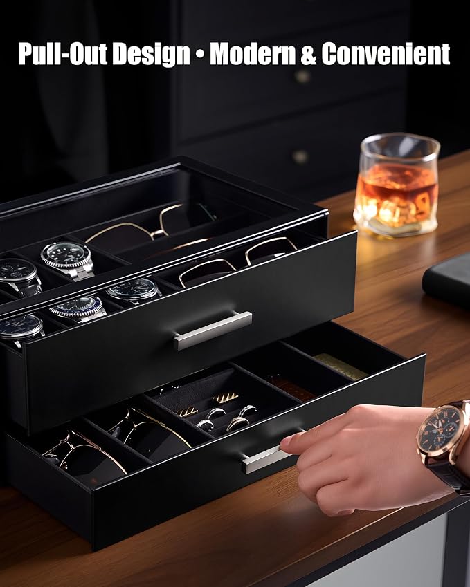 ProCase Watch Case, Mens Jewelry Box for 6 Watch & 5 Sunglasses -Black | Pull-Out Drawer 2-Tier Leather Watch Organizer with Glass Display Top, fit Watches Size Up to 50 mm, Gift for Men & Women