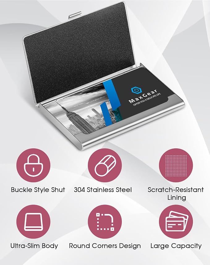 MaxGear Stainless Steel Business Card Holder, Slim Card Case, Pink | Soft Interior Lining, Buckle Closure, Fits Standard Business Cards and Credit Cards