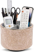 Round Leather Art Supply Organizer,Remote Control Holder,360 Degree Spinning,Multi-Functional Pencil Holder,4 Compartments Desktop Stationary Organizer(1-Golden Apricot)