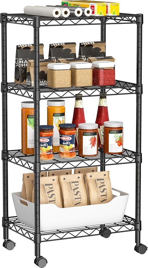 Golpart Small Shelves Storage Wire Metal Adjustable Shelf Unit with Wheels | 4 tier Shelving Organizers Storage Shelving for Bathroom Laundry Room Kitchen Pantry 11.7”D x 17.7”W x 44.8”H Black