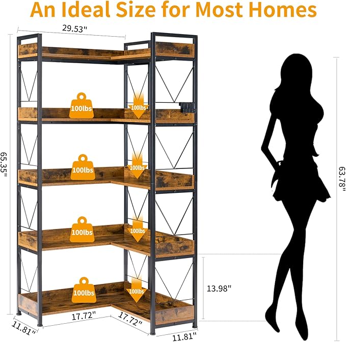 DUMOS 65 inch L Shaped Bookshelf, 5 Tier Corner Bookcase with Hooks and Edge, Industrial Pantry Shelves with Metal Frame, Wooden Open Storage for Living Room, Home Office, Bedroom, Rustic Brown | Industrial Pantry Shelves with Metal Frame, Wooden Open ...