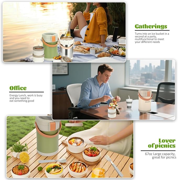 67oz/2L Thermo for Hot Food, 304 Stainless Vacuum Insulated Soup Thermo, Leakproof Thermal Lunch Box with 3 Stackable Bento Boxes & Leakproof Sauce Cups for Adults Office Travel Camping - Green