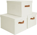 StorageWorks Storage Bins with Lids, Decorative Storage Boxes with Lid and PU Handles, Foldable Storage Baskets for Closet, Shelves, Stackable, Ivory, Jumbo, 3-Pack