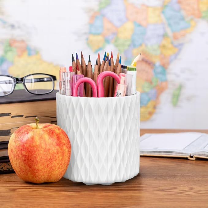 Pen Holder - 360° Rotating, 5 Slot Pen Holder For Desk. Pencil Holder For Office,School,Dorm Room&Vanity, Desk Accessories(White)