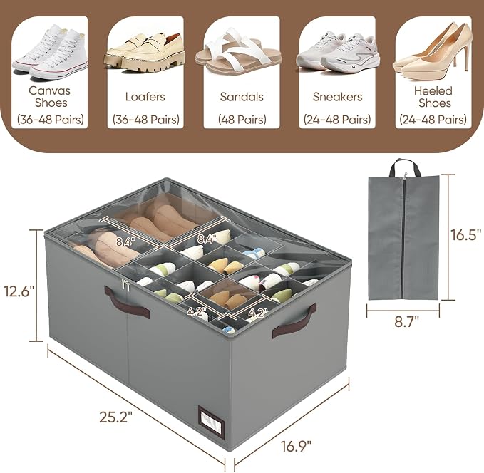OIAHOMY 2 Pack Shoe Organizer for Closet, Large Foldable Shoe Storage Bins with Dividers and Reinforced Handles, Each Clear Cover Sneaker Box Fits Up to 24 Pairs for Entryway and Bedroom, Grey