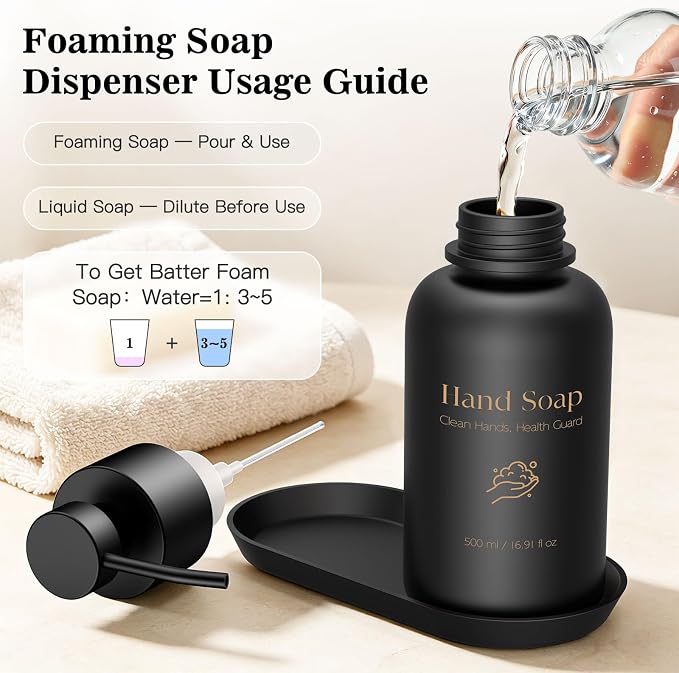 16.9 Oz Glass Foaming Soap Dispenser 2 Pack(Black) | Refillable Hand & Dish Soap Pump, With Silicone Tray & 8 Waterproof Labels, For Bathroom & Kitchen，Perfect Housewarming Gift
