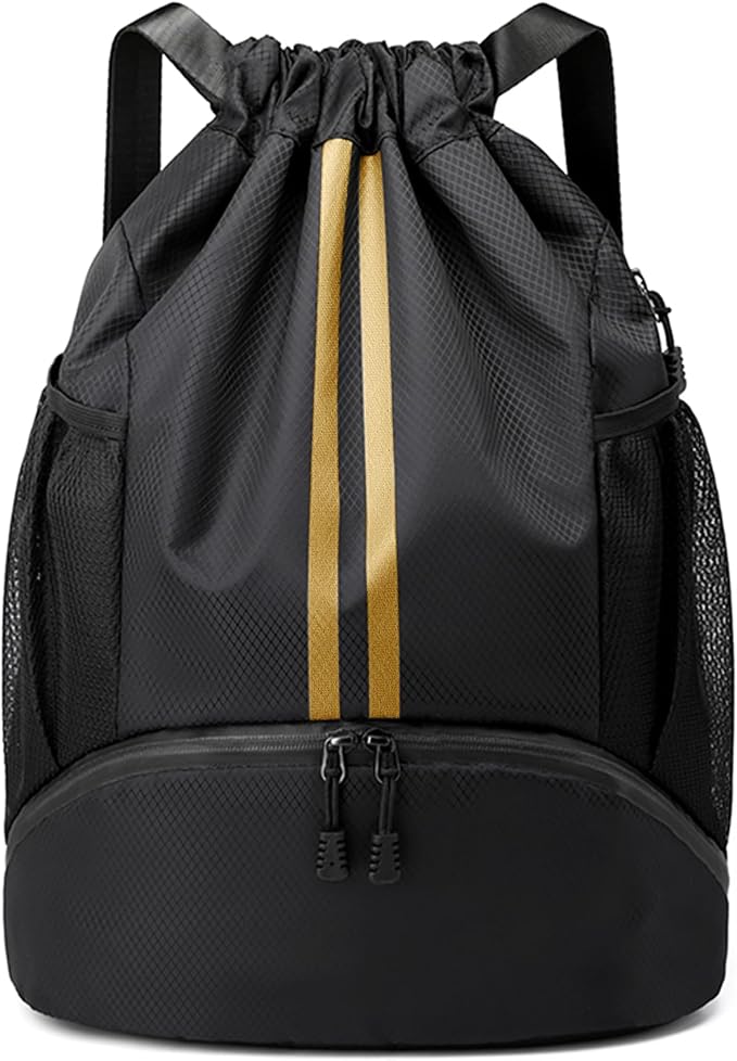 JELUTAR Drawstring Backpack Gym Bag with Shoes Pocket, Black Gold | Water-Resistant String Backpack for Soccer, Basketball, Swim, Beach Cinch for Women Men, 22 L Large Capacity, Wet Pocket