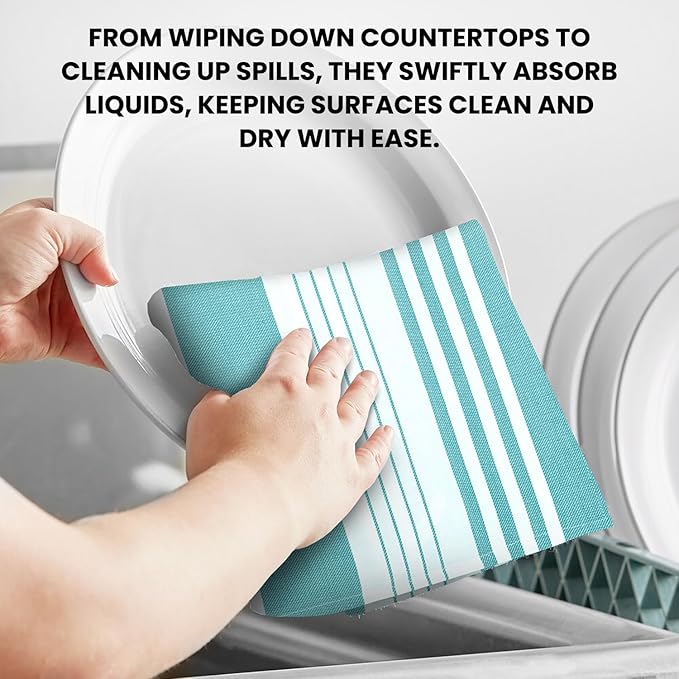 Stripe Kitchen Towels Mordern Design Centreband Dish Towels Boho Stripe Absorbent Festive Gift Set of 3 Pantry Reusable Kitchen Dish Towel|Easter Spring Decor 18x28 Inch Teal Blue