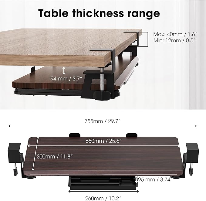 Fenge Keyboard Tray Under Desk, Pull Out Keyboard & Mouse Tray with C Clamp Mount, Sliding Keyboard Holder for Desk, 25.6 x 11.8 inch Large Slide-Out Platform Computer Drawer for Typing