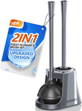 LOVLOY Toilet Plunger and Brush with Holder, Bowl Brush and Heavy Duty Toilet Plunger Set with Ventilated Holder, 2-in-1 Toilet Brush and Plunger Combo for 5.3-inch Toilet Drain New Pack (Grey, 1)