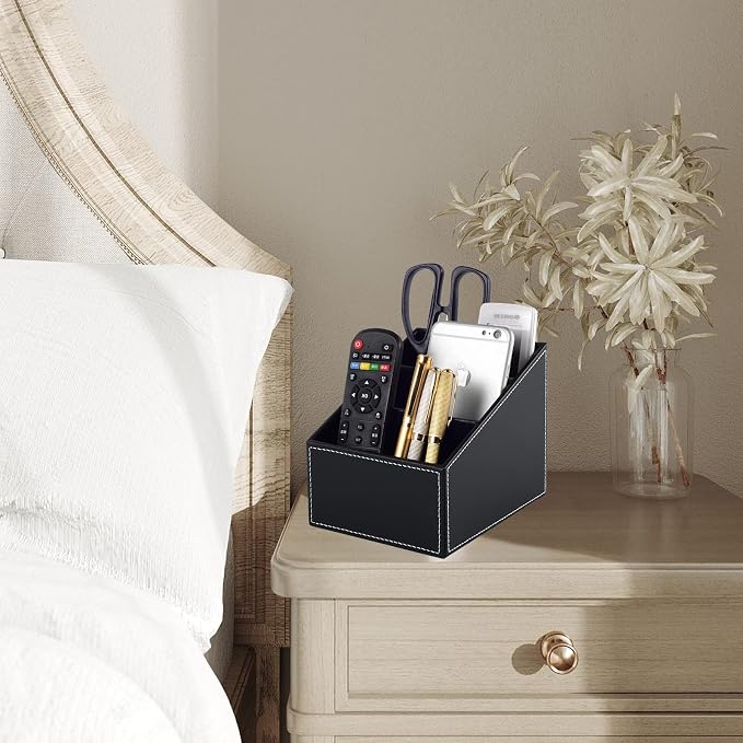 Fashionable PU Leather TV Remote Control Holder with 3 Compartments, Storage Rack, Storage Box, Media Accessory Storage, Desk Organizers (black)