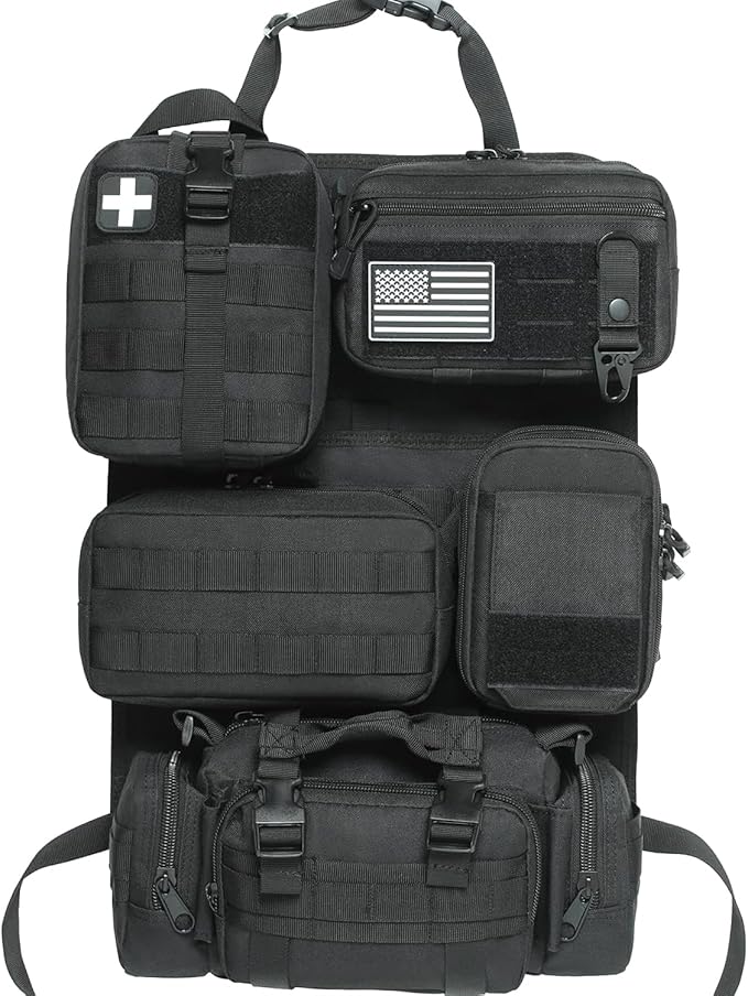 6 Pack Tactical Molle Car Seat Back Organizer,Backseat Organizer for Man | Tactical Vehicle Panel Organizer with 5 Detachable Molle Pouch,US Flag Patch and Keychain,Great Trunk Accessories