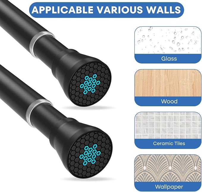 Shower Curtain Rod 2 Pack Adjustable Curtain Rods 30-64 Inch Black Shower Curtain Rods no Drilling Expandable Tension Spring Rod for Bathroom Closet Doorway Door