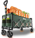 Extra Long Collapsible Wagon Cart, 480LBS Heavy Duty Utility Wagons with All-Terrain Wheels, Foldable Grocery Carts for Gardening, Shopping, Beach, Camping, Army Green