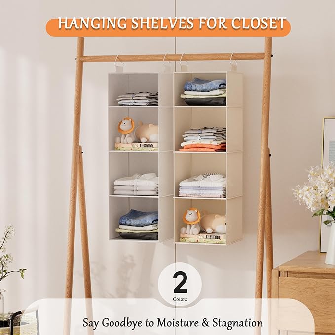 VERONLY Hanging Closet Organizer and Storage with Bamboo Shelves - Foldable Storage for Clothes, Towels, Accessories | Space Saving, No Assembly Needed (Beige)