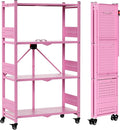 WORKPRO 4-Tier Folding Shelf, No-Assembly Metal Storage Rack with Wheels, 600 lbs Capacity (with Leveling Feet), Collapsible Shelving Unit for Kitchen, Pantry, Closet & Craft Shows - Pink