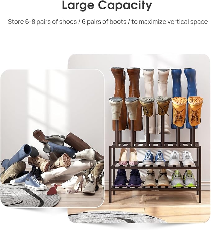 viewcare Boot Rack, Brown Boot Rack Organizer Tall Boots with Shoe Rack for Closet, Bamboo Wood Shoe Shelf Storage Organizer for Entryway Space