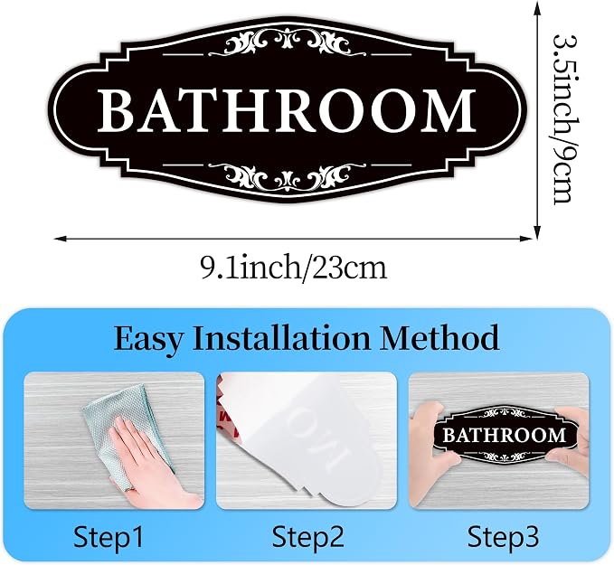 Bathroom Sign Sticker for Business and Home,Self-adhesive Restroom Sign | Cute Bathroom Decor for Door,Waterproof Vinyl Restroom Sign for Home,Office,Shop（Black）