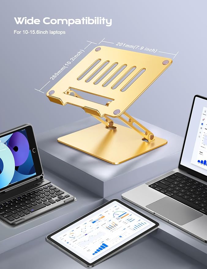 LOXP Aluminum Laptop Stand, Adjustable Laptop Stand for Desk Foldable | Portable Laptop Riser, Ergonomic Computer Notebook Holder for Desk, Office Desk Accessories (10-15.6'') - Gold