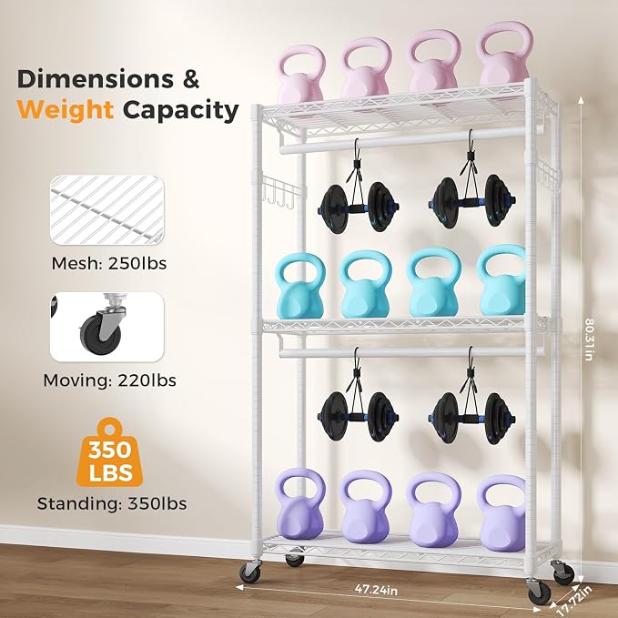 NEWBULIG Heavy Duty Clothing Rack with Wheels, 3-Tier Adjustable Wire Garment Rack, Metal Freestanding Closet Organizer System with Double Hanging Rods & 8 Side Hooks, 47"x17"x80", White
