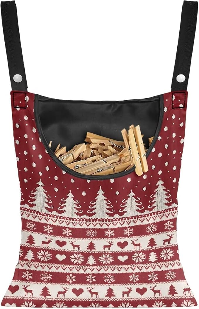 Red Fair Isle Reindeer Clothespin Bag Laundry Hanging Storage Organizer with Rope Clothespin Holder with an Extra Large Opening for Clothesline Outdoor Clothespins Storage with Hanger Hook