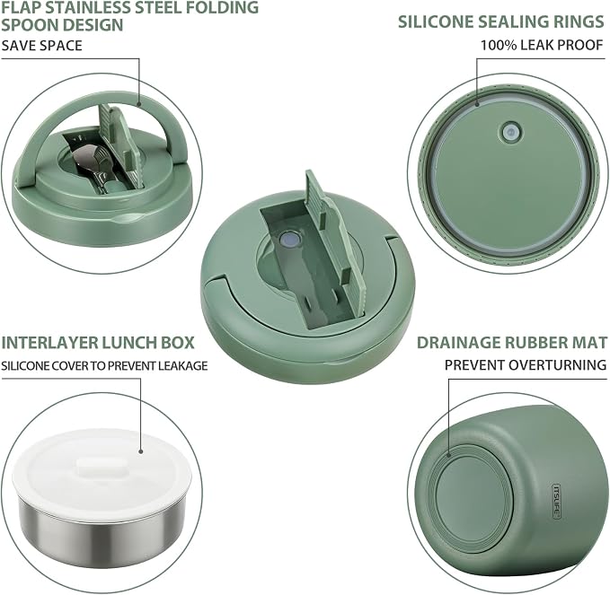Itslife 32oz Insulated Soup Thermo, Vacuum Stainless Steel Food Jar for Hot & Cold Food, Leakproof Wide Mouth Lunch Container with Spoon, Green