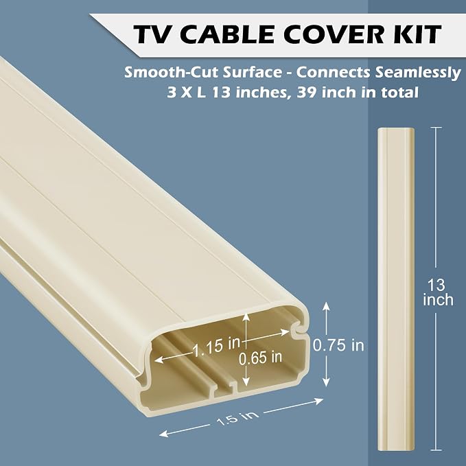 39in TV Cord Hider - Cord Covers for Wall Mounted TV Cable Hider Wall Kit | 1.5"W*0.75"H*13inL*3, Wire Hiders for TV on Wall, Wire Covers for Cords, Cable Concealer Hide Cords, Beige