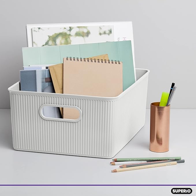 Superio Ribbed Collection - Decorative Plastic Basket Open Home Storage Bins Organizer, Large White (4 Pack) Container Boxes for Organizing Closet Storage Bins for Shelves 15 Liter/16 Quart