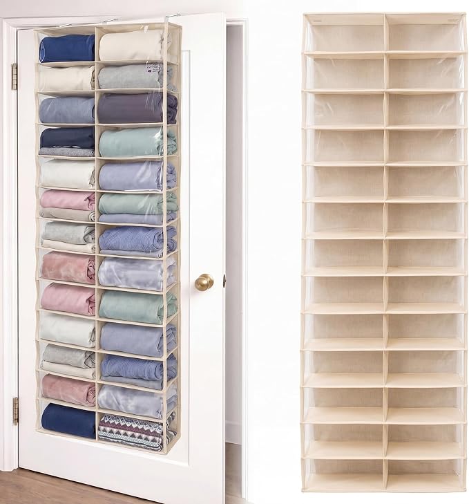 Over The Door Hoodie Organizer 26 Clear Pocket Sweatshirt Organizer with 3 Hooks Hanging Sweatshirt Hoodie Rack Holder Cabinet Behind The Doors for Dormitory Bedroom Closet Storage(Beige)