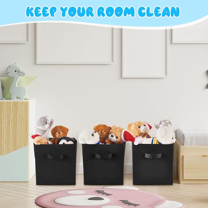 Yinder 12 Pcs Cube Storage Bin Black 10.5''x10.5''x11'' Storage Bins for Playroom Decor Colorful Bins for Kids Foldable Baskets for Nursery Organizer Boxes Fabric Boxes