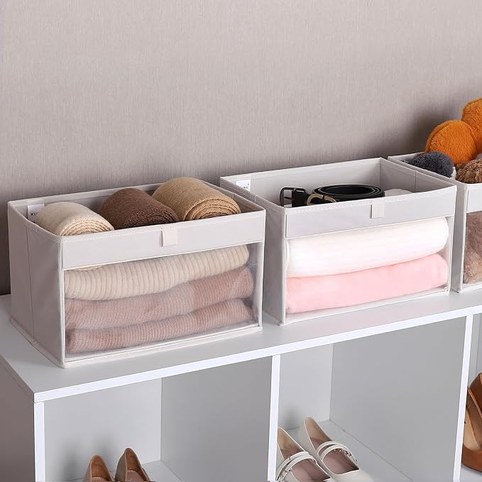 WUIKE 6-Pack Closet Storage Bins with Window, Beige Large | 14.57"L x 10"W x 8.6"H, Durable Fabric Baskets,Linen Closet Organizers and Storage for Clothes, Purses, and Blankets