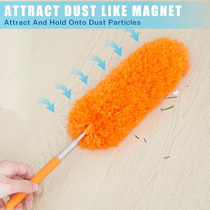 Tanlade 1 Pcs Microfiber Feather Duster for Cleaning, Extendable 13-31 Inch Ceiling Fan Duster with Bendable Head, Washable Tools for Ceiling Fans, Furniture, Car, Cobwebs (Orange)