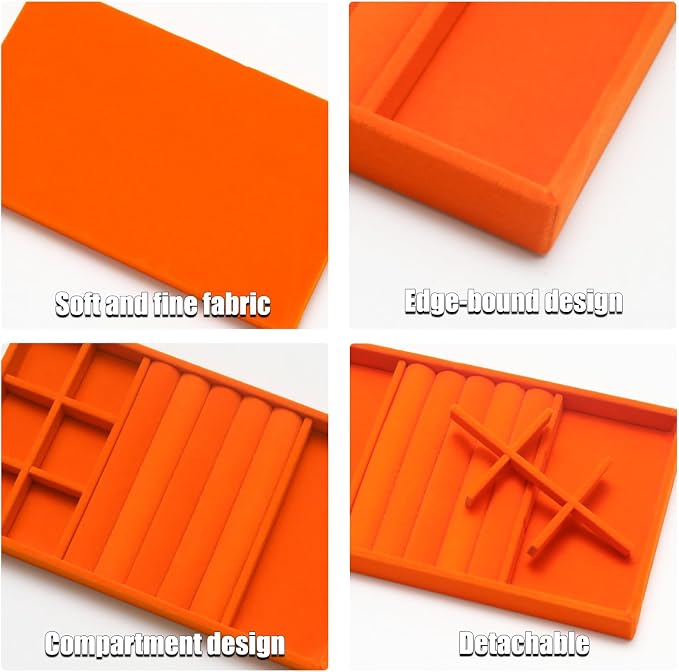 Velvet Jewelry Trays for Drawers, Orange Stackable Jewelry Drawer Organizer Inserts, Ring Earring Necklace Bracelet Holder Organizer Storage Display Tray with Removable Dividers, 3-in-1