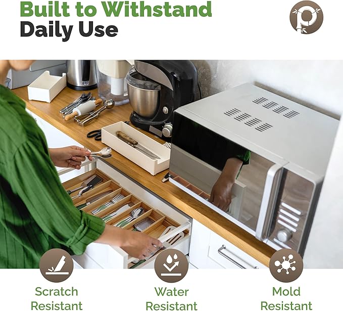 Pristine Bamboo Silverware Organizer - Expandable Kitchen Drawer Organizer - Adjustable Kitchen Drawer Organizer for Utensils, Expandable to 22 Inches Wide, 10 Compartments, Silverware Tray for Drawer | Expandable Kitchen Drawer Organizer for Utensils,...