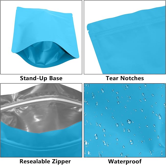 100PCS Smell Proof Resealable Pouch Bags,ULIFESTAR Aluminum Foil Flat Food Storage Bag,Sealable Pcsaging Zipper Pouches with Tear Notches for Pcsaging Lipgloss,Jewelry,etc(14*20cm/5.51*7.87",Blue)