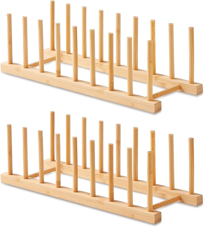 NOVAYEAH 2 Pack Bamboo Wooden Dish Rack-Plate Pot Lid Cutting Board Organizer Holder Rack for Cabinet-Kitchen Cabinet Organizer for Dish, Pots, Lids, Bowls, Bottles, Books, and Puzzle