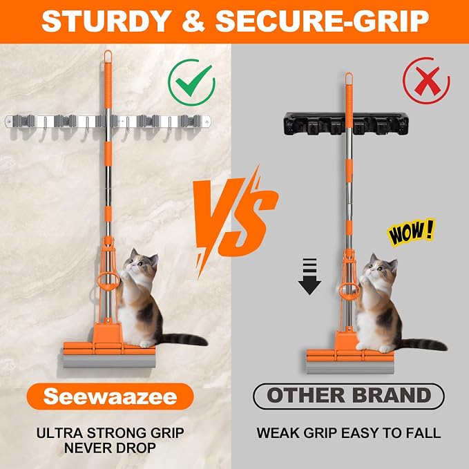 Broom Holder Wall Mount Mop Organizer, 5 Racks 4 Hooks | Premium Stainless Steel Broom Hanger for Durable Rustproof Tool Rack Storage in Home, Kitchen, Garden, Laundry, Garage