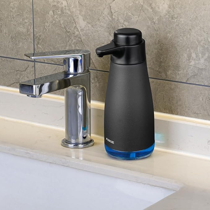 AIKE 15oz Liquid Soap Dispenser for Dish and Hand Soap Matte Black | Easy Push Durable Pump, No-Slip Base with Clear Liquid Window, Easy Refill Wide Opening, for Kitchen Sink and Bathroom