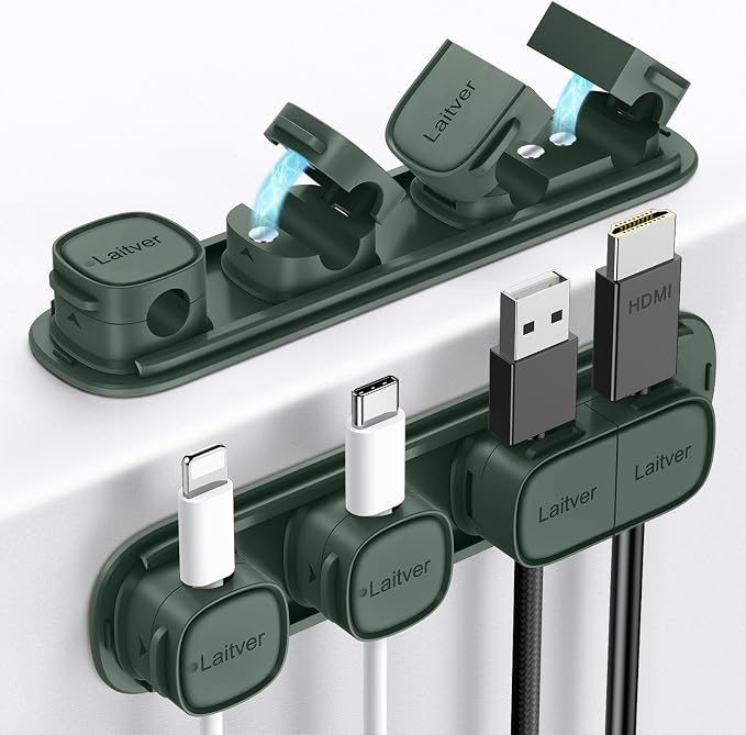 6 Pack Magnetic Cable Clips [1s Open/Lock], Cord Organizer Holder | Strong Adhesive Desk Cable Management- Organize Charging Cords Neatly for Home, Office, Car,Desk, Nightstand-Dark Green