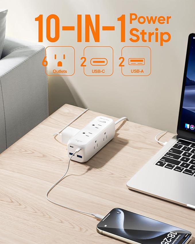 Olcorife Flat Plug Power Strip with 3 FT Extension Cord, 6 Outlets 4 USB Ports(2 USB C), 3 Sided Outlet Extender for Home Office Travel Dorm Room Essentials, White