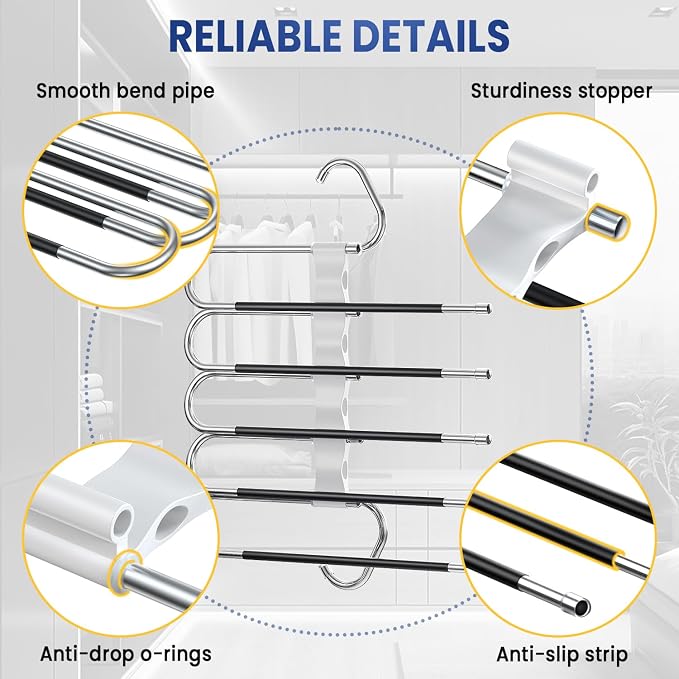 DAMITA Pants Hangers Space Saving - 2 Pack 5 in 1 Layers Stainless Steel Metal Jeans Hangers - White Closet Organizers and Storage Anti-Slip Design for Pants Skirts Scarf Legging