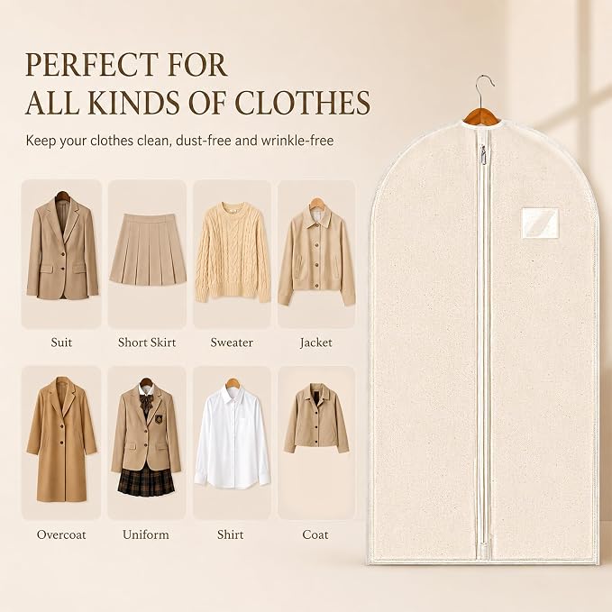 6 Pack Cotton Garment Bags 40" Garment Storage Bags for Hanging Clothes | Beige Travel Breathable Washable Suit Covers with ID Card Holder for Coats Jackets Shirts Short Dresses Closet Storage