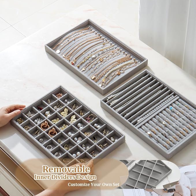 Large Jewelry Organizer for Drawer Insert Velvet Stackable Jewelry Trays for Earring Necklace Bracelet Ring Display (Gray, 40 Grids)