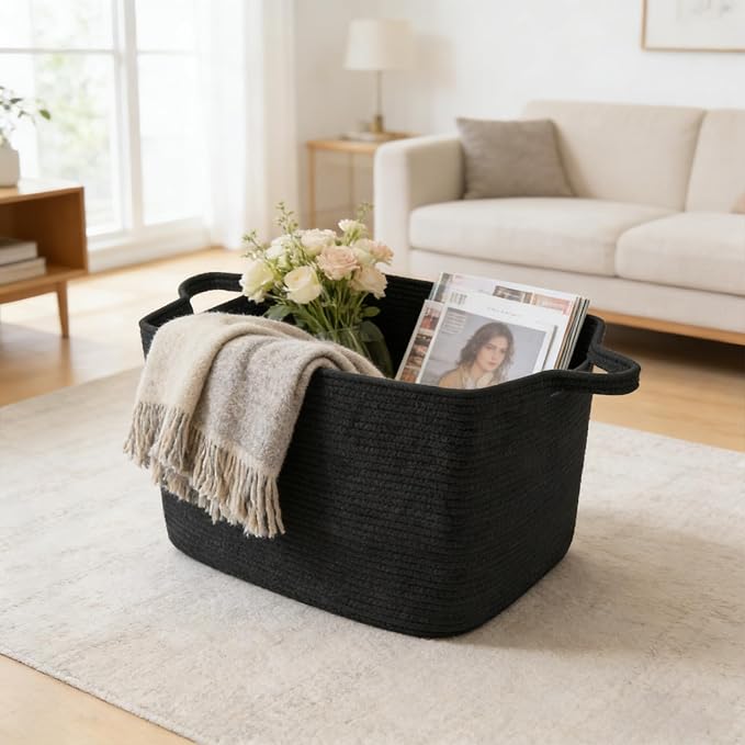 96L Extra Large Black Cotton Rope Laundry Basket with Sturdy Handle | 24x16x15 Foldable Rectangular Blanket Basket for Toys, Clothes & Pillows,Ideal for Nursery, Bathroom, Bedroom, Living Room